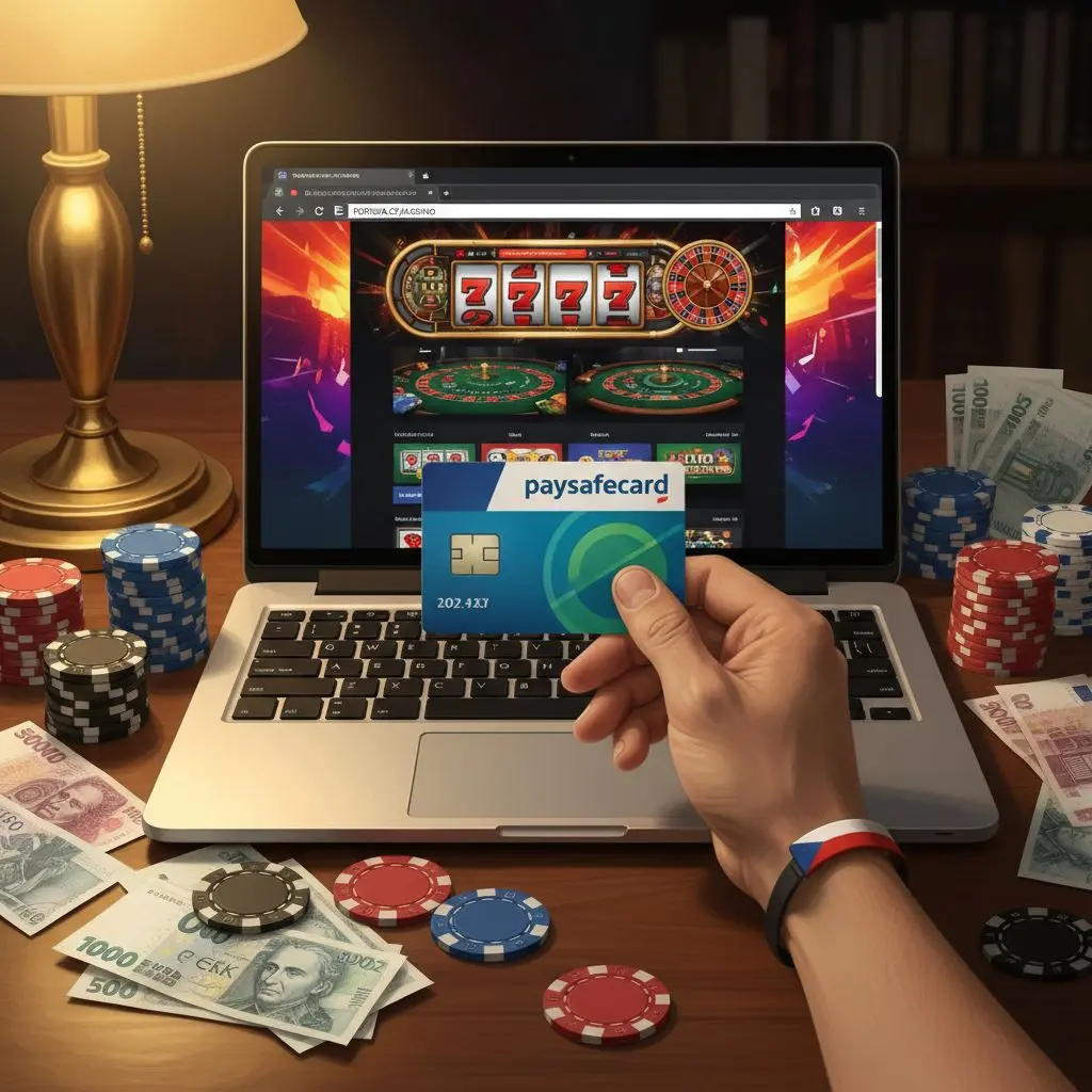 Paysafecard v ruce nad displejem online casina, pokerové žetony a české bankovky